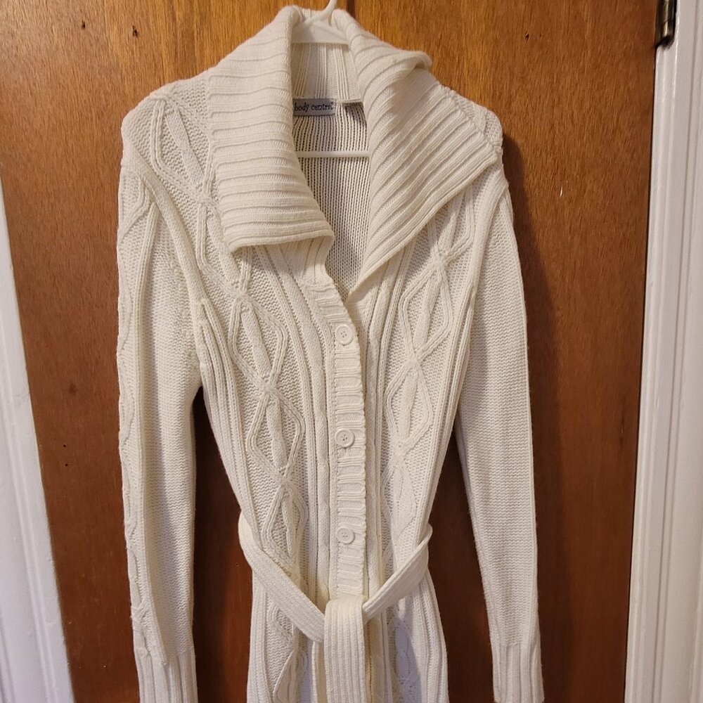 Women's Body Central White Cable Knit Sweater Long Cardigan Belted Coat Jacket